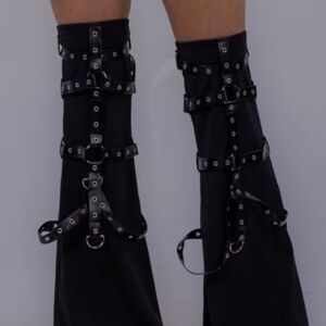 On The Edge Black Leg Warmers, Harness Flare Leg Covers - techwear / cyberpunk